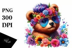 Cute Baby Bear with Floral Wreath, PNG Product Image 3