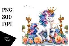 Colorful Watercolor Image of Baby Unicorn with Court Product Image 1