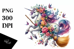 Vibrant Unicorn Witch with Flowers | Clipart Product Image 1