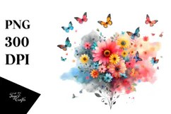 Flower with Butterfly Silhouettes Watercolor, Artistic PNG Product Image 1
