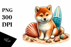 Shiba Inu in Sand with Surf and Shell | Clipart Product Image 1