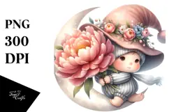 Cute GNOME with Peonies Floral Frame PNG Product Image 1