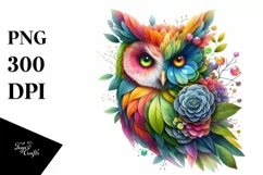 Abstract Vibrant Owl with Plant Leaves and 3D Flowers, PNG Product Image 1