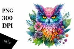 Abstract Vibrant Owl with Plant Leaves and 3D Flowers, PNG Product Image 3