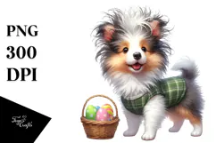Cute Watercolor Collie with Bunny Years Holding an Easter Product Image 1