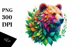 Abstract Vibrant Bear with Plant Leaves, PNG Product Image 3