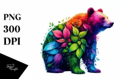 Abstract Vibrant Bear with Plant Leaves, PNG Product Image 1
