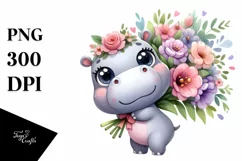 Cute Hippo Carrying Large Flower Bouquet | Clipart Product Image 1