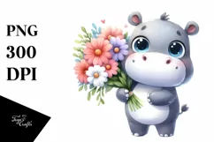 Cute Hippo Carrying Large Flower Bouquet | Clipart Product Image 1