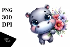 Cute Hippo Carrying Large Flower Bouquet | Clipart Product Image 1