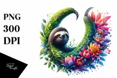 Abstract Vibrant Sloth with Plant Leaves and 3D Flowers, PNG Product Image 3