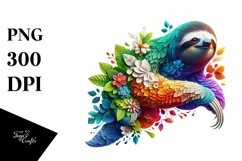 Abstract Vibrant Sloth with Plant Leaves and 3D Flowers, PNG Product Image 3