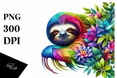 Abstract Vibrant Sloth with Plant Leaves and 3D Flowers, PNG Product Image 3