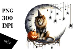 Watercolor Lion Dressed for Halloween Sitting on Half Moon Product Image 1