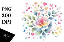 Watercolor Washed Flower with Hearts, PNG Product Image 1