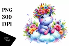 Vibrant Flower Crown Hippo, PNG Product Image 1