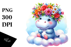 Cute Baby Hippo Sitting on Cloud with Flower Crown PNG Product Image 1