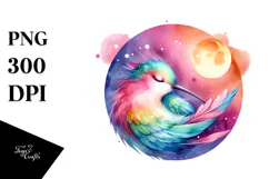 Vibrant Watercolor Pastel Hummingbird Sleeping on the Moon Product Image 1