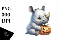 Cute Sitting Rhino with Halloween Pumpkin, PNG Product Image 1
