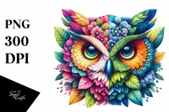 Abstract Vibrant Owl with Plant Leaves and 3D Flowers, PNG Product Image 1