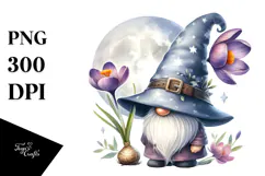 Watercolor Cute Gnome with Big Hat and Crocus PNG Product Image 1