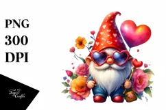 Valentines Gnome with Heart Sunglasses in Watercolor PNG Product Image 1