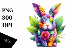 Abstract Vibrant Bunny with Plant Leaves and 3D Flowers, PNG Product Image 1