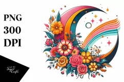 Retro Colorful Half Moon with Flowers, Transparent PNG Product Image 3