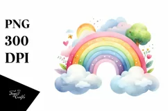 Colorful Watercolor Wimsicall Rainbow With Clouds | Product Image 1