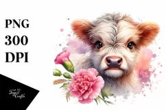 Watercolor Highland Cow with Carnation Splash | Sublimation Product Image 1