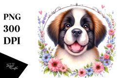 Watercolor Cute Baby Saint Bernard Floral Product Image 1