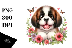 Watercolor Cute Baby Saint Bernard Floral Product Image 1