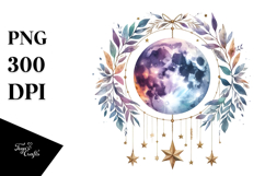 Vibrant Boho Moon with Foliage Stars | Clipart Product Image 1