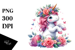Cute Dancing Unicorn with Floral Wreath, PNG Product Image 1
