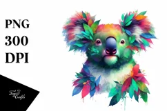 Abstract Vibrant Koala with Plant Leaves, PNG Product Image 3