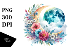 Vibrant Boho Moon with Flowers and Clouds | Clipart Product Image 1