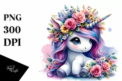 Cute Unicorn with Floral Wreath, PNG Product Image 1