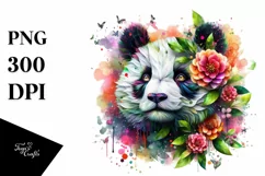 Abstract Vibrant Panda with Plant Leaves and 3D Flowers, PNG Product Image 1