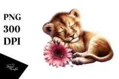Baby Lion Sleeping on Flower PNG Product Image 1