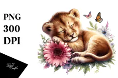 Adorable Baby Lion Sleeping in Digital Watercolor, PNG Product Image 1