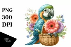 Watercolor Cute Baby Macaw with Flower Basket | Sublimation Product Image 3