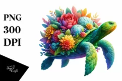 Abstract Vibrant Turtle with Plant Leaves and 3D Flowers, Product Image 1