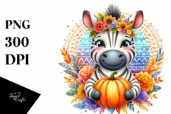 Vibrant Zebra Holding Pumpkin Watercolor Clipart Product Image 1