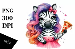 Vibrant Zebra with Pizza Slice Watercolor Clipart Product Image 1