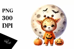 Cute Baby Giraffe on Moon Halloween PNG Product Image 1