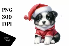 Expressive Baby Watercolor Border Collie, Winter Outfit PNG Product Image 1