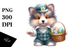 Cute Baby Collie Holding Easter Basket, PNG Product Image 1