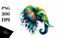Vibrant Elephant with Plant Leaves, PNG Product Image 1