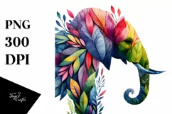 Vibrant Elephant with Plant Leaves, PNG Product Image 3