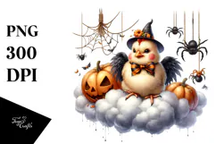 Watercolor Chicken Dressed for Halloween Sitting on Cloud Product Image 1
